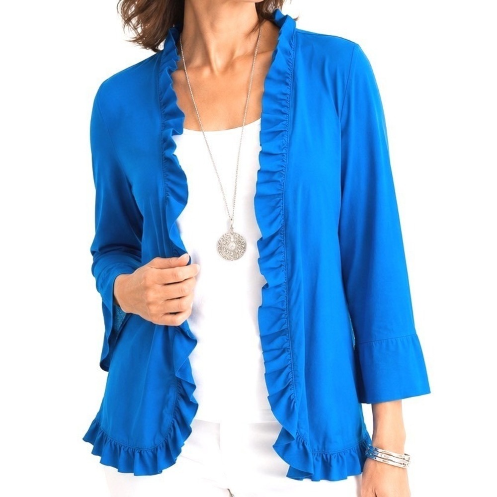 Chico's Women Blue Ruffle Trim Open Front Jacket Size Two Cotton Stretch 2 XL